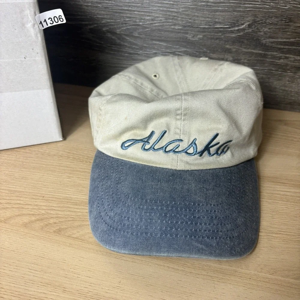 Vintage Alaska Hat Cap Strap Back Beige Blue Embroidered Souvenir Mens Outdoors